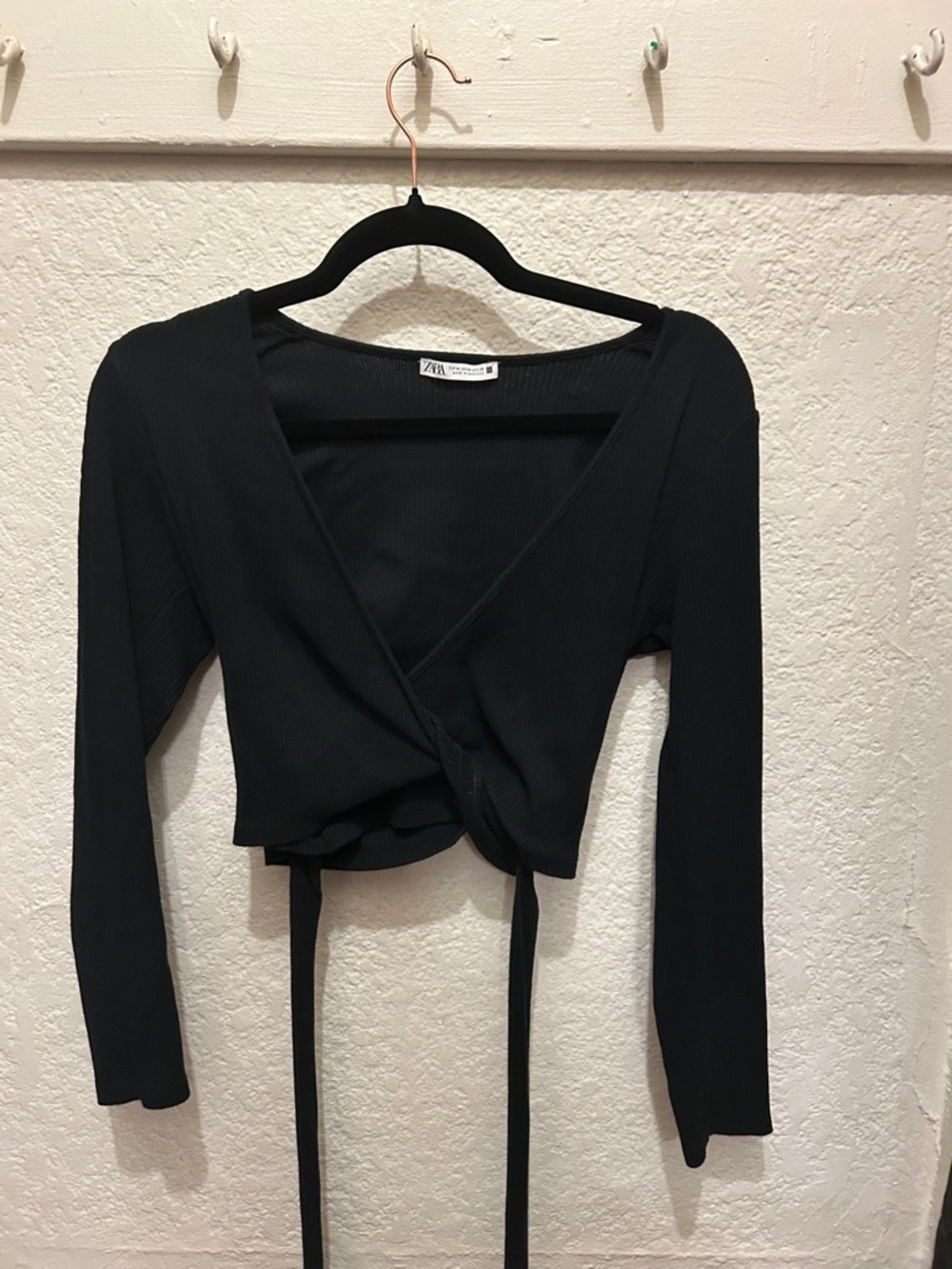 Zara Black Ribbed Wrap Front Crop Top with Ties